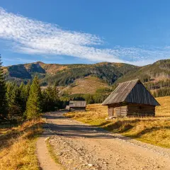 Droga przez polanę do Trzydniowiańskiego Wierchu. Drewniane bacówki i jesienne kolory Tatr.