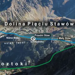 Widok na Dolinę Pięciu Stawów Polskich. Szlak letni z Doliny Roztoki do schroniska jest łagodny, zimowy od Świstowej Czuby trudniejszy.