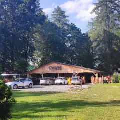 Drewniana restauracja Gwarek w Polańczyku, otoczona zielenią, z zaparkowanymi samochodami.
