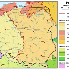 Mapa Polski z zaznaczonymi zlewiskiem Morza Czarnego, dorzeczami Dunaju, Dniestru i Dniepru.