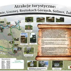 Mapa turystyczna z atrakcjami w okolicach Majdanu koło Cisnej, m.in. wieże widokowe, zabytki i szlaki.