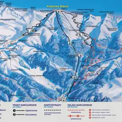 Mapa Tatr z zaznaczonymi trasami narciarskimi i pieszymi. Widać Kasprowy Wierch, kolejkę Gąsienicową i Goryczkową, Dolinę Gąsienicową i Goryczkową.