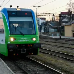 Zielony pociąg PKP stoi na stacji Ustrzyki Dolne. W tle widać budynki i drzewa.