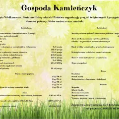Menu świąteczne z potrawami z Gospody Kamieńczyk, z podziałem na bufet zimny i ciepły.