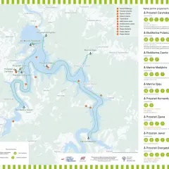 Mapa Bieszczad z zaznaczonym jeziorem Solińskim i portami żeglarskimi, takimi jak Przystań Caryńska i EkoMarina Polańczyk.