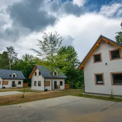 Nowe domki letniskowe, idealne na przystań wyspa energetyk. W tle las i chmury.