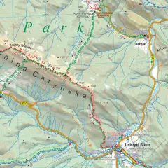 Mapa turystyczna Bieszczadów, gdzie zaczynają się połoniny Caryńska i Wetlińska, z zaznaczonymi szlakami i schroniskami.