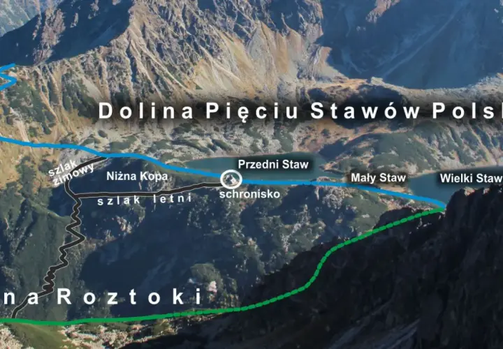 Widok na Dolinę Pięciu Stawów Polskich. Szlak letni z Doliny Roztoki do schroniska jest łagodny, zimowy od Świstowej Czuby trudniejszy.