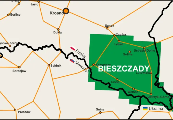 Mapa pokazuje, gdzie są Bieszczady. Zaznaczony obszar obejmuje m.in. Ustrzyki Dolne, Lesko, Cisną i Wetlinę.