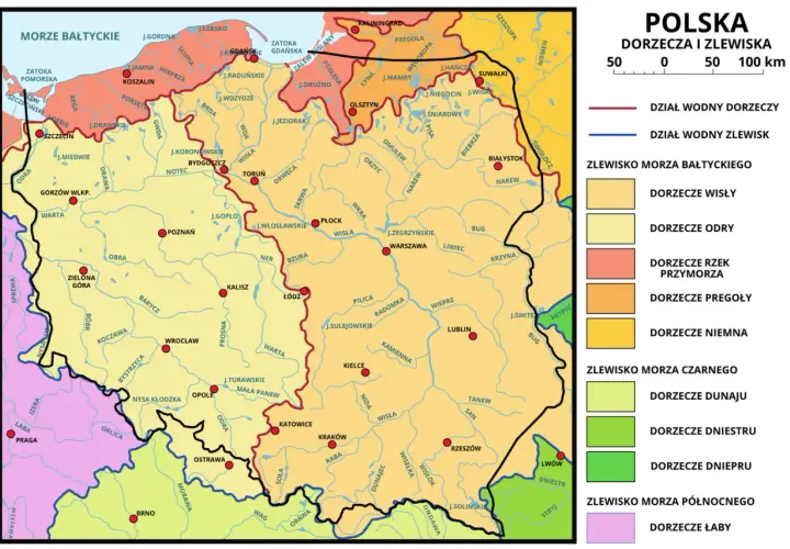 Mapa Polski z zaznaczonymi zlewiskiem Morza Czarnego, dorzeczami Dunaju, Dniestru i Dniepru.