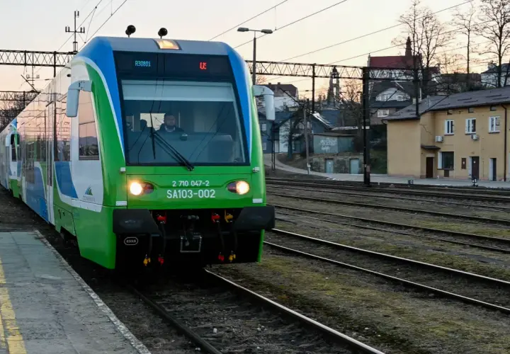 Zielony pociąg PKP stoi na stacji Ustrzyki Dolne. W tle widać budynki i drzewa.
