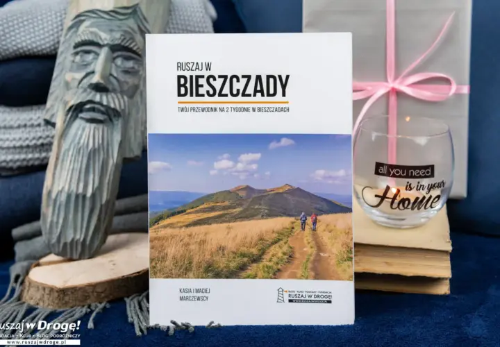 Przewodnik "Ruszaj w Bieszczady" z informacjami o Bieszczadzkim Parku Narodowym. Na zdjęciu także rzeźba, szklanka z napisem i książki.