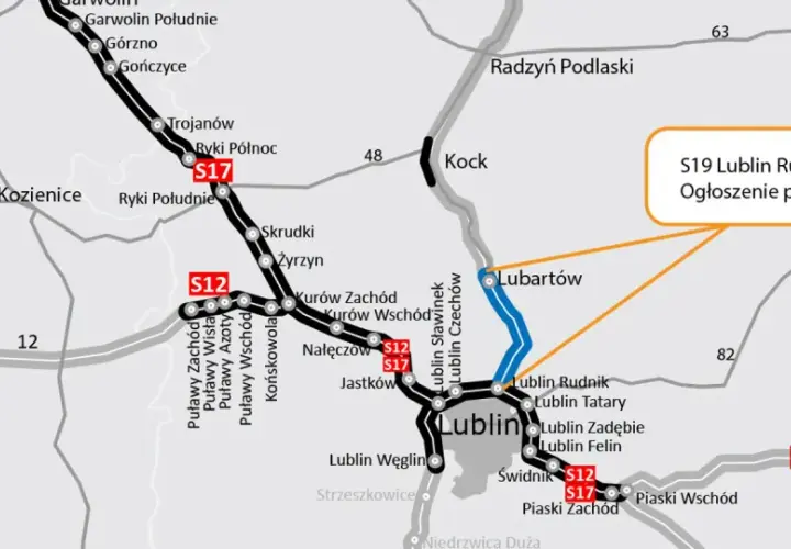 Mapa drogowa z zaznaczoną trasą Via Carpatia, drogami S7, S12, S17 i S19, miastami Radom, Lublin, Chełm.