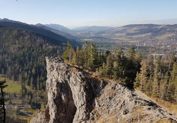 Widok z urwiska na Tatry i Zakopane. Ścieżka prowadzi przez las, pokazując, jak dojść na Nosal z Zakopanego.