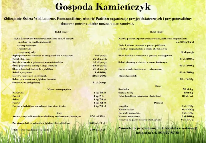 Menu świąteczne z potrawami z Gospody Kamieńczyk, z podziałem na bufet zimny i ciepły.