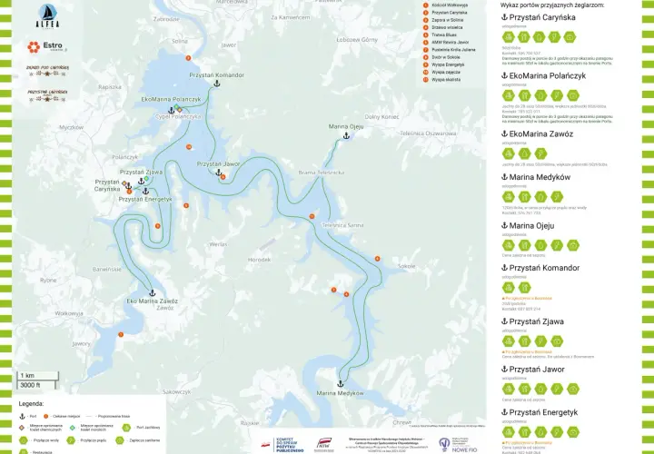Mapa Bieszczad z zaznaczonym jeziorem Solińskim i portami żeglarskimi, takimi jak Przystań Caryńska i EkoMarina Polańczyk.