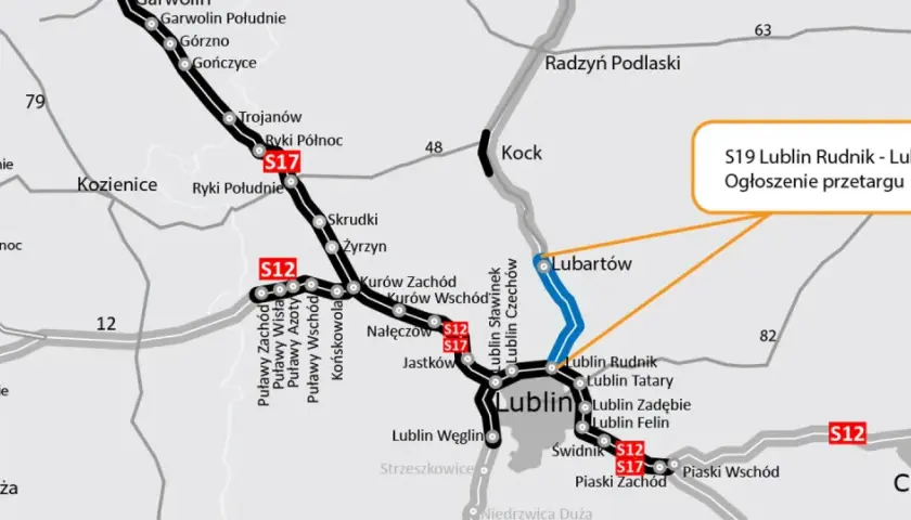 Mapa drogowa z zaznaczoną trasą Via Carpatia, drogami S7, S12, S17 i S19, miastami Radom, Lublin, Chełm.