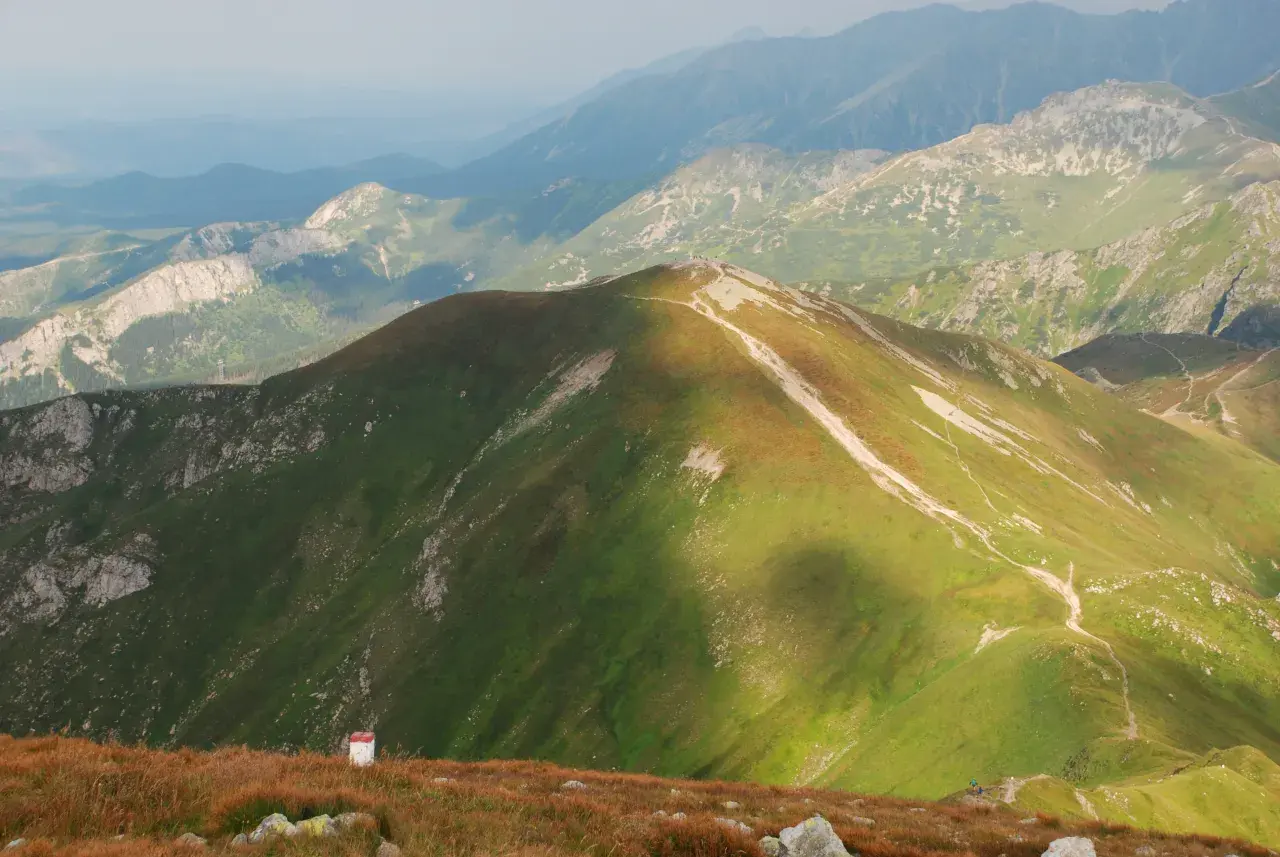 Widok na Tatry z Kopy Kondrackiej. Szlak turystyczny wije się po zielonych zboczach, a w oddali widać kolejne pasma górskie.