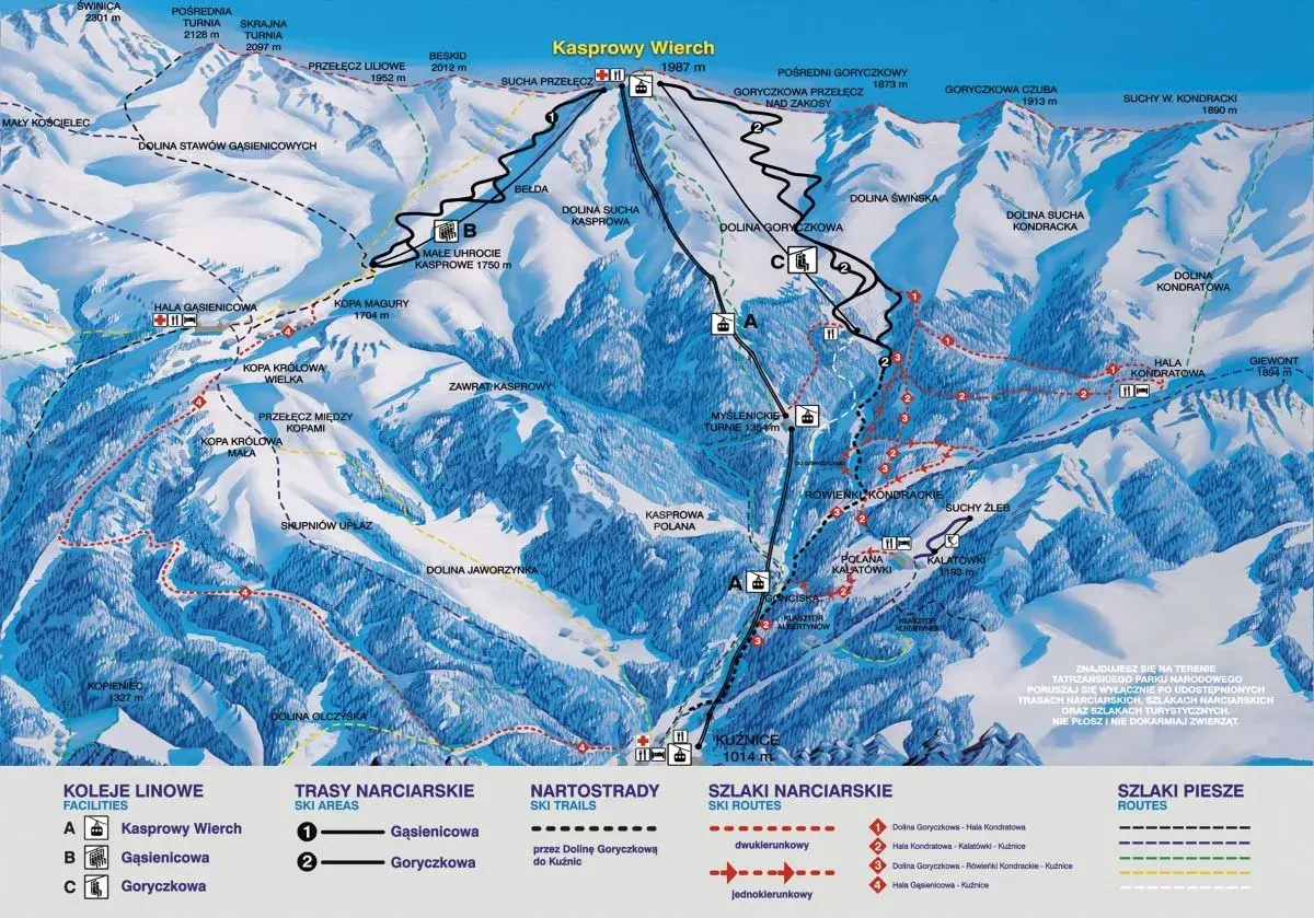 Mapa Tatr z zaznaczonymi trasami narciarskimi i pieszymi. Widać Kasprowy Wierch, kolejkę Gąsienicową i Goryczkową, Dolinę Gąsienicową i Goryczkową.