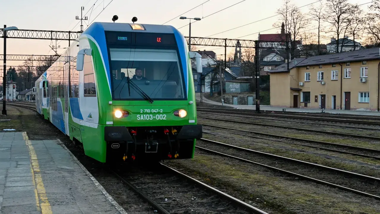 Zielony pociąg PKP stoi na stacji Ustrzyki Dolne. W tle widać budynki i drzewa.