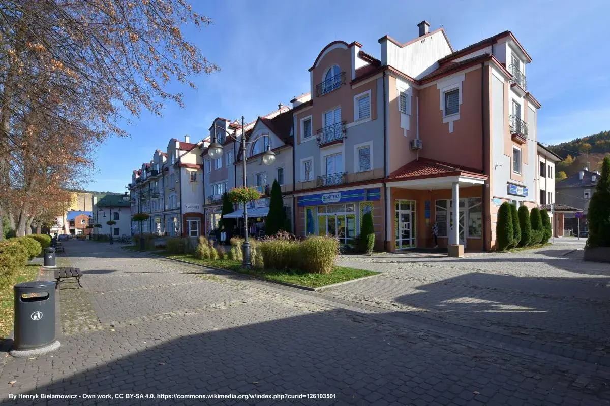 Urokliwy rynek w Ustrzykach Dolnych z kolorowymi kamienicami, zielenią i brukowanym deptakiem.