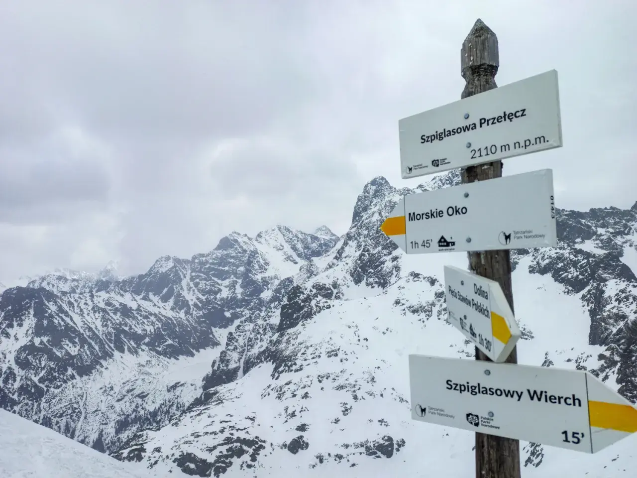 Szpiglasowa Przełęcz i szlak na Morskie Oko. Wskazówki drogowe w Tatrach.