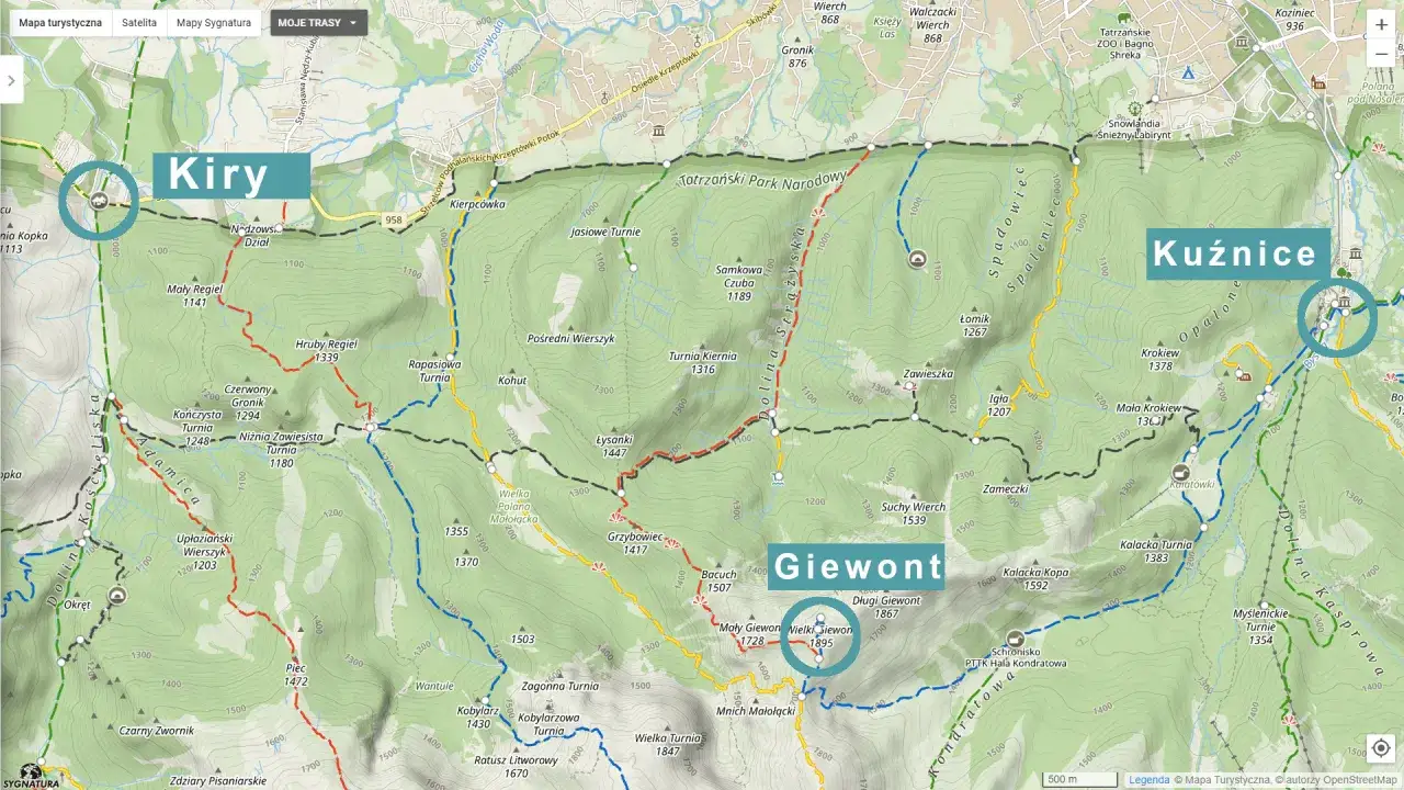 Mapa turystyczna Tatr z zaznaczoną trasą na Giewont. Widoczne szlaki z Kir, Kuźnic i Doliny Kościeliskiej.