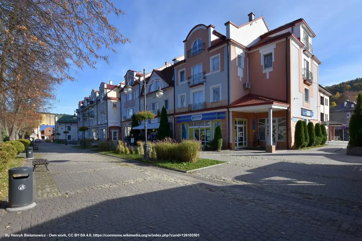 Urokliwy rynek w Ustrzykach Dolnych z kolorowymi kamienicami, zielenią i brukowanym deptakiem.