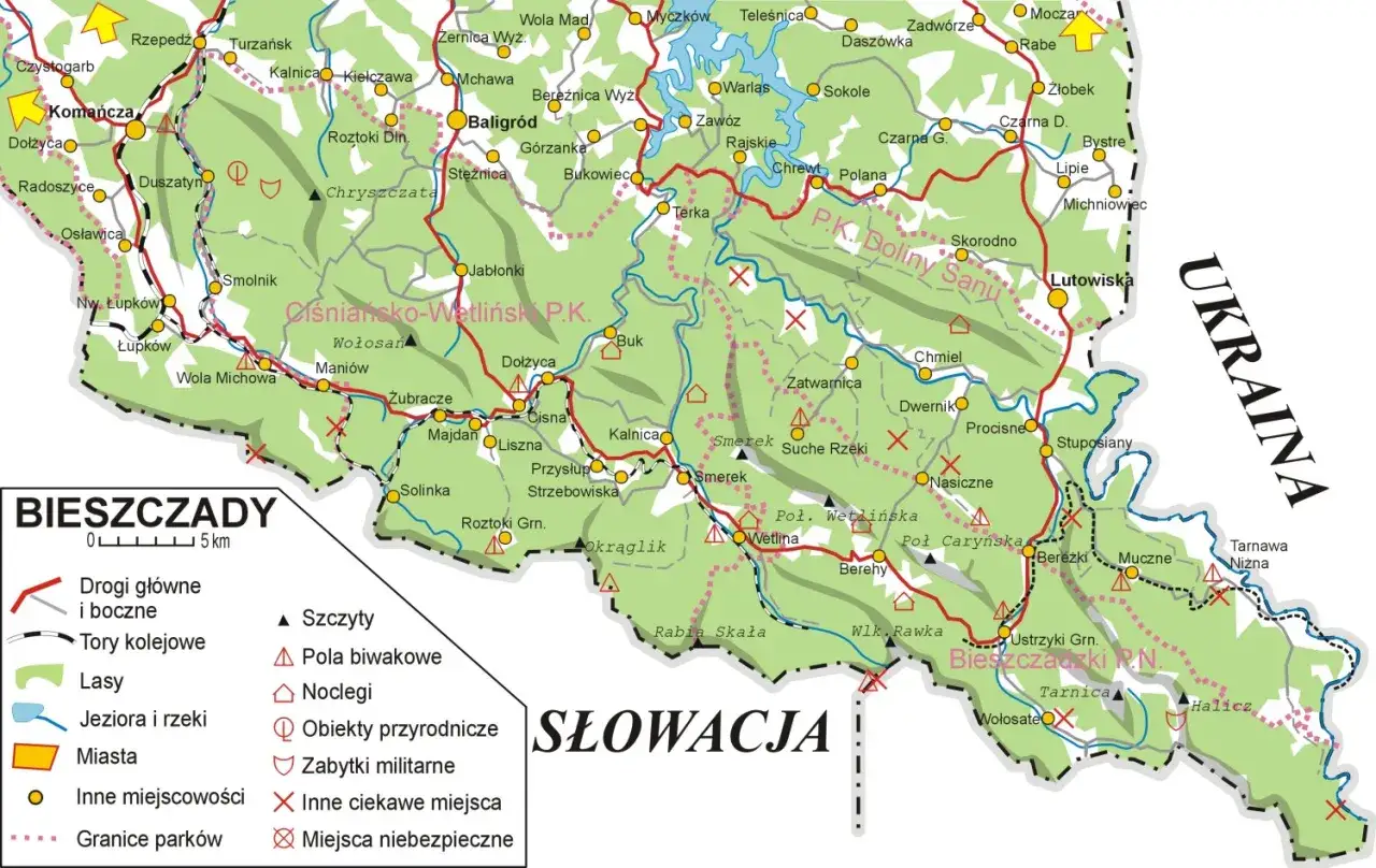 Mapa Bieszczadzkiego Parku Narodowego z informacjami o drogach, lasach, jeziorach, rzekach, miastach, szczytach, noclegach i ciekawych miejscach.
