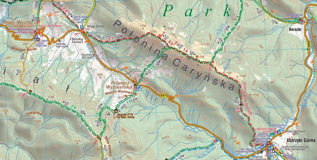 Mapa turystyczna Bieszczadów. Widoczne szlaki, przełęcze, połoniny i miejscowości jak Ustrzyki Górne.