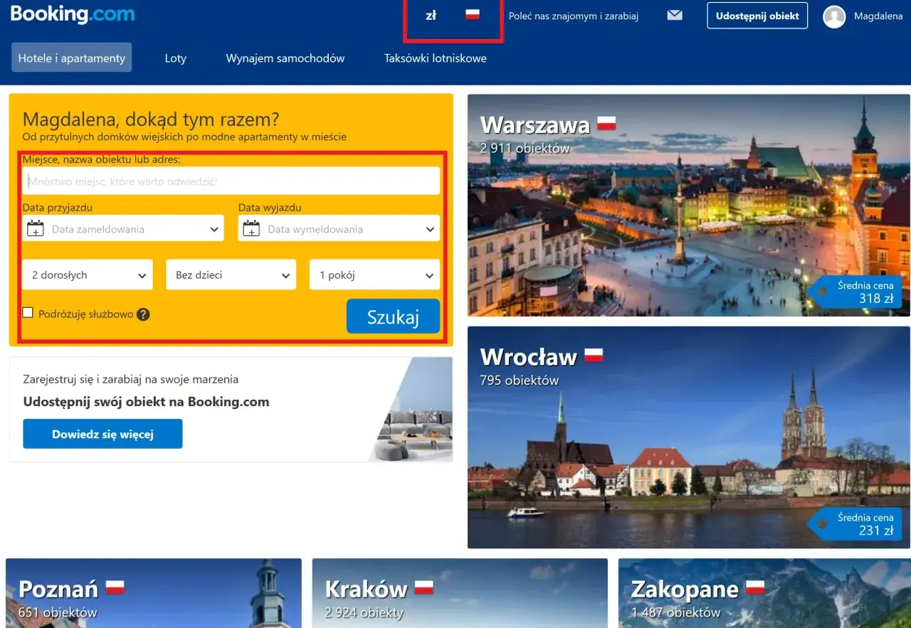 Magdalena szuka hoteli. Wpisz miejsce, daty przyjazdu i wyjazdu, liczbę osób i pokoi, a następnie kliknij 