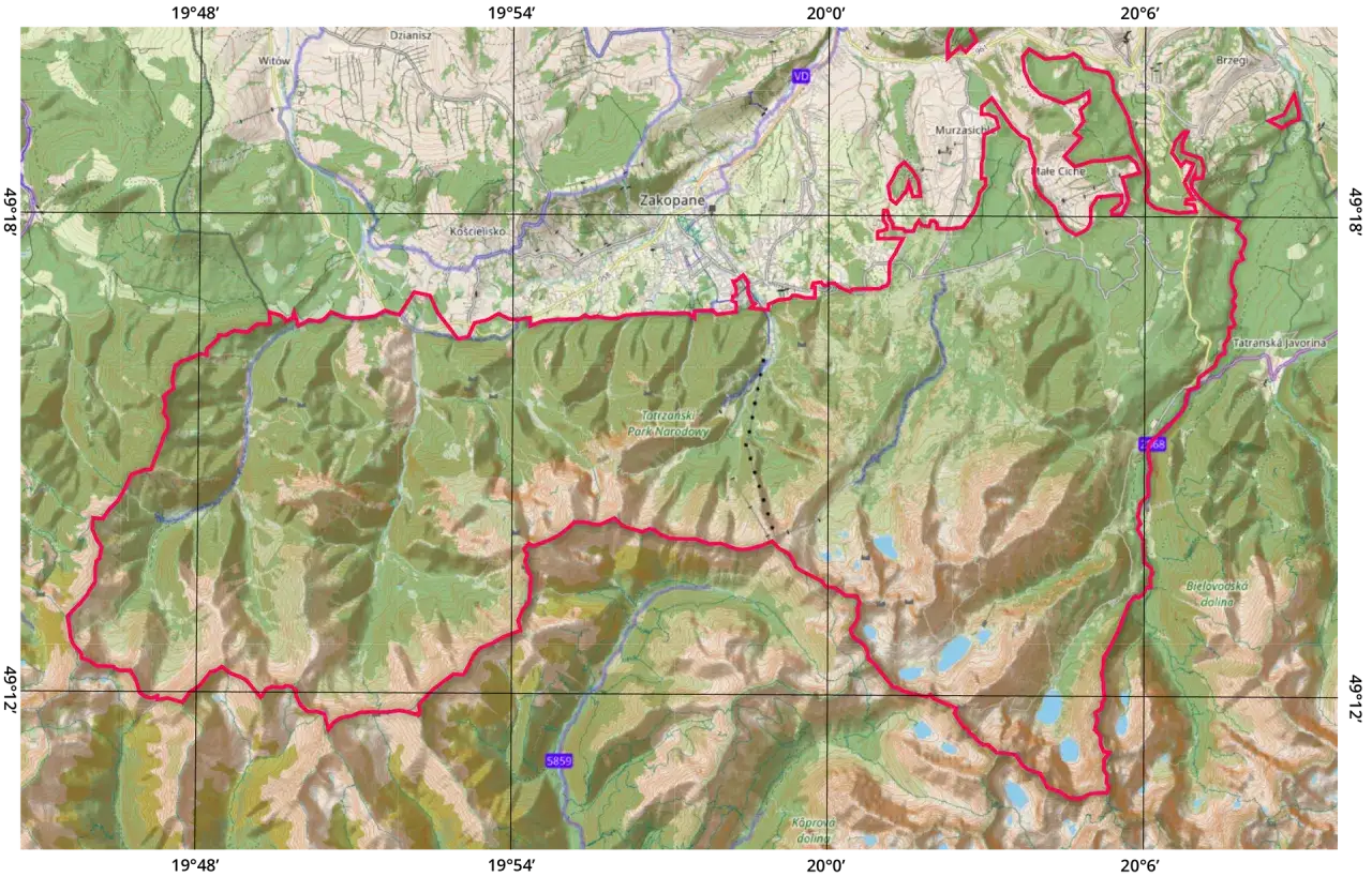 Mapa Tatrzańskiego Parku Narodowego z zaznaczonymi szlakami. Widok na Zakopane i okoliczne doliny. To dowód, dlaczego warto pojechać w polskie góry.