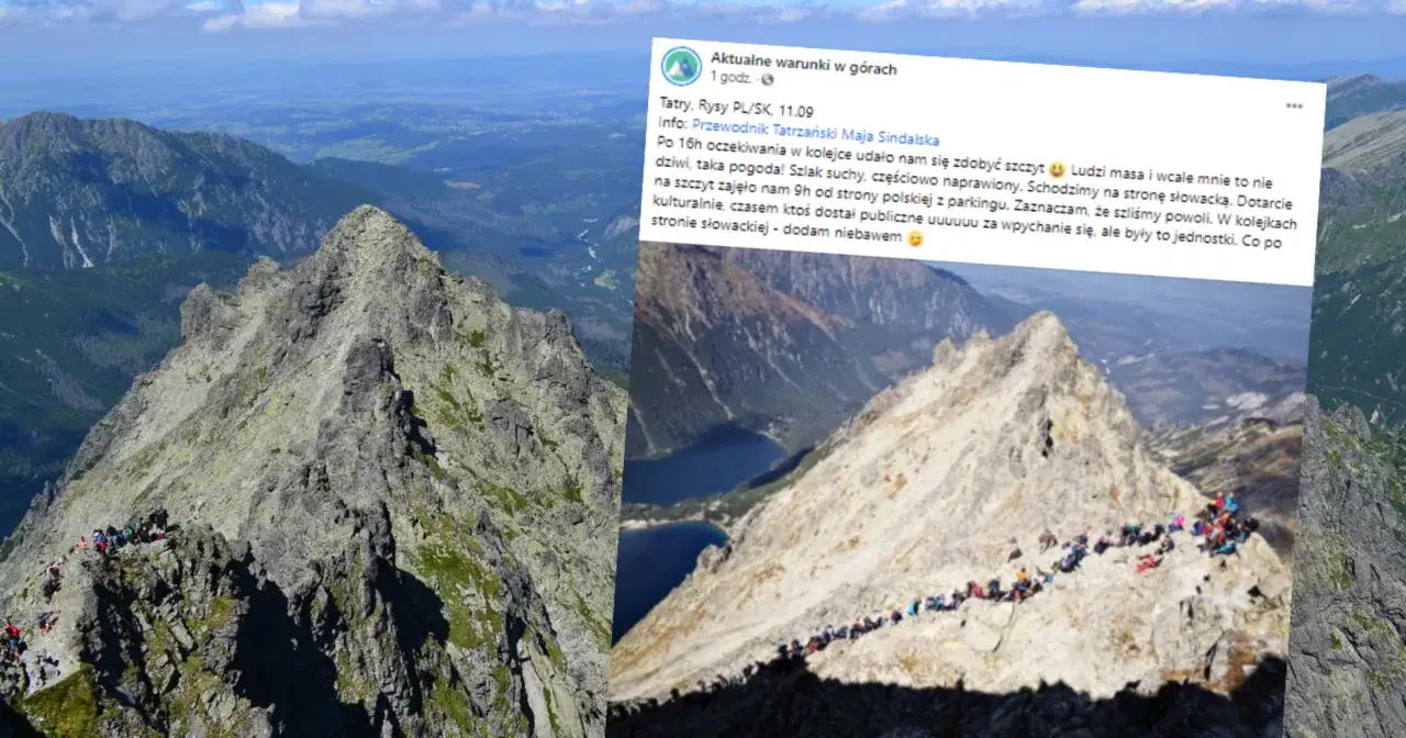 Tłok na Rysach. Ludzie w kolejce na szczyt, widok na Tatry i jeziora. Czas wejścia na Rysy jest długi.