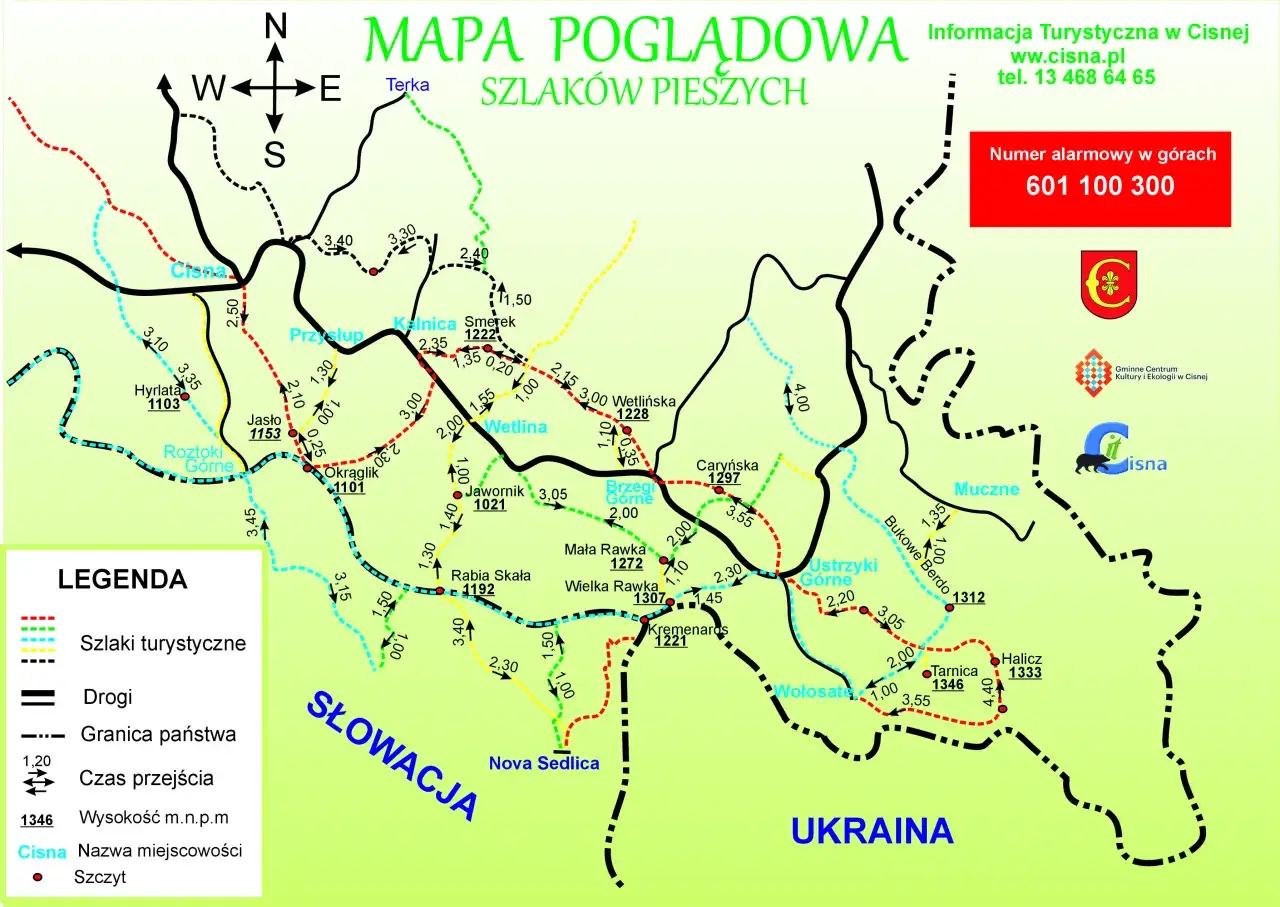 Mapa Bieszczad z zaznaczonymi szlakami turystycznymi, drogami i granicami państw. Odkryj nowe atrakcje w Bieszczadach, planując wędrówki od Cisnej po Tarnicę.