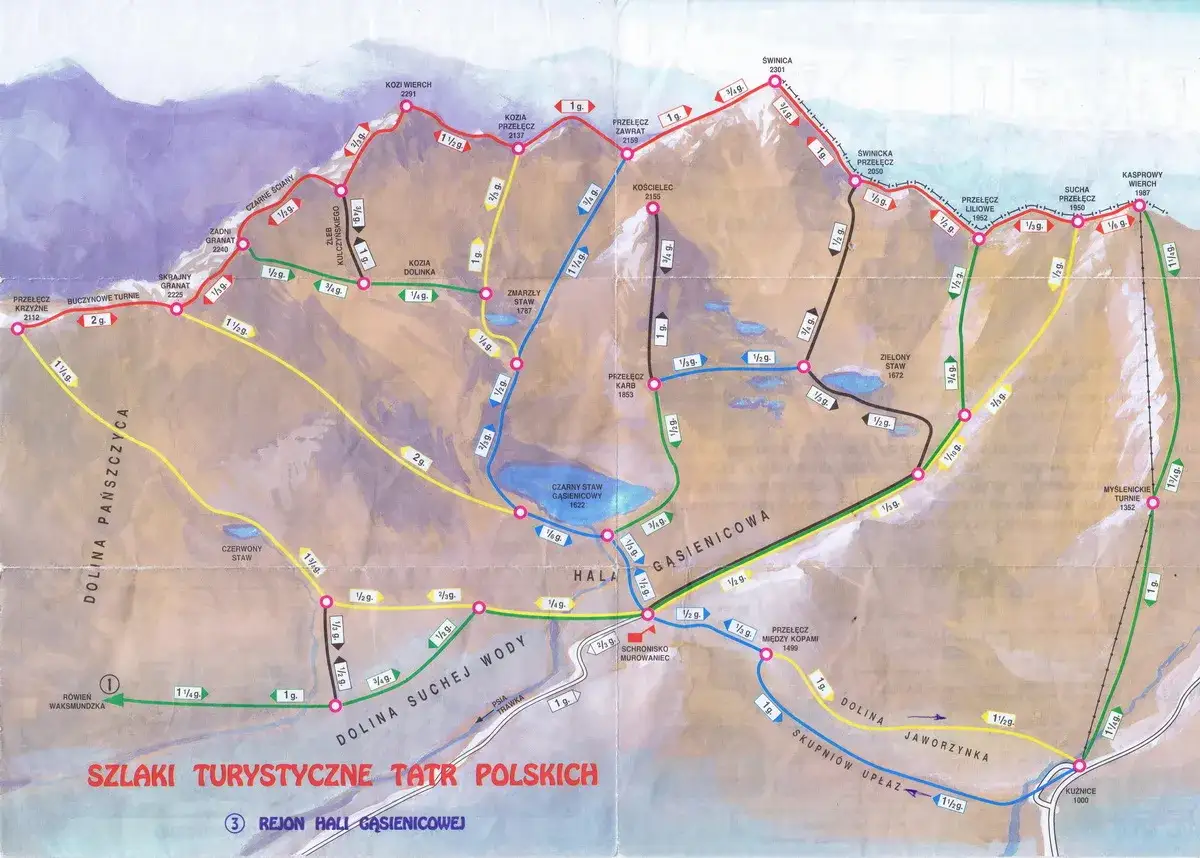 Mapa turystyczna ukazująca wszystkie szczyty Tatr Polskich, z zaznaczonymi szlakami i czasami przejść.