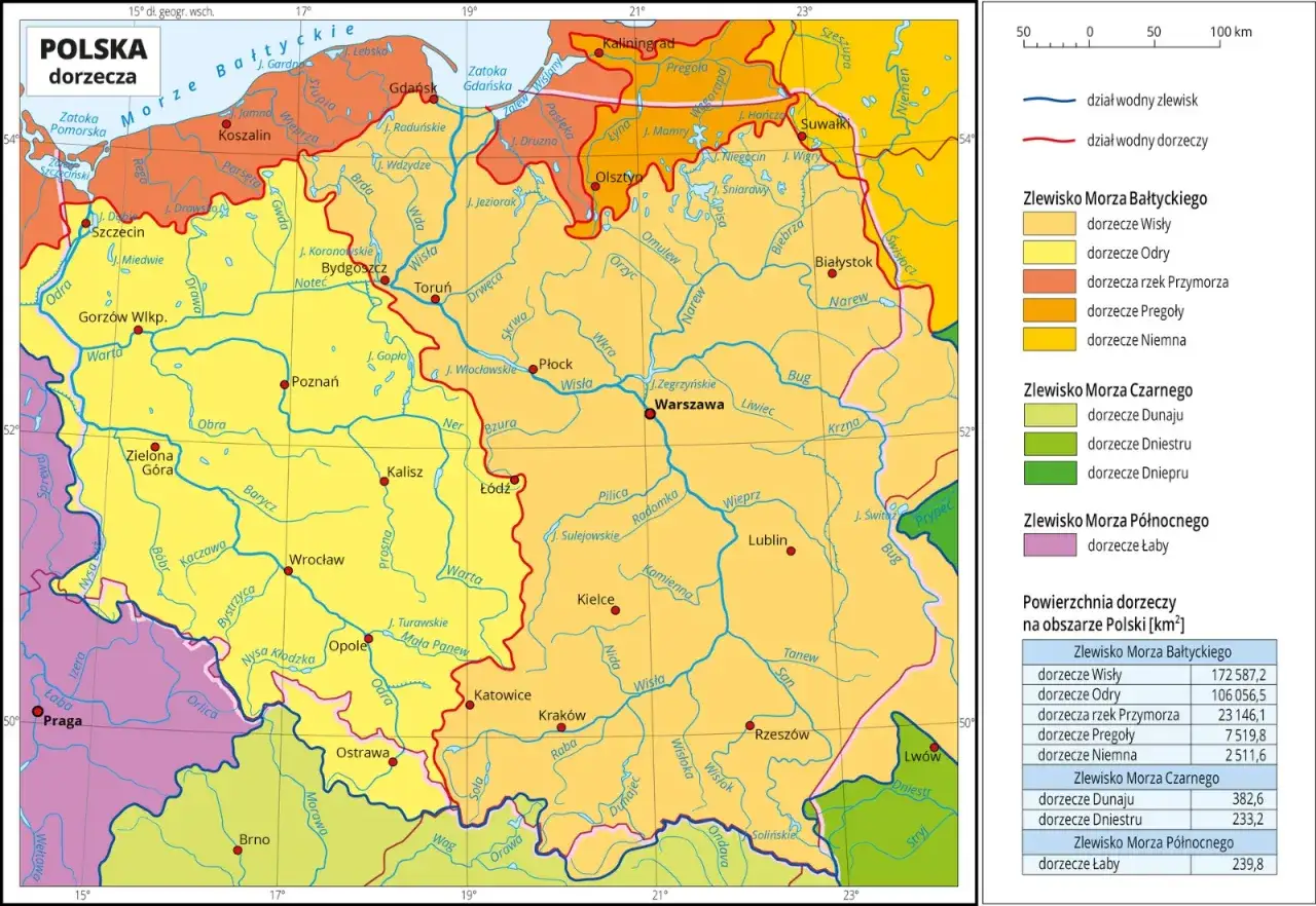 Mapa Polski z zaznaczonymi zlewiskiem Morza Czarnego, Bałtyckiego i Północnego. Widoczne rzeki: Wisła, Odra, Dniestr, Dunaj.