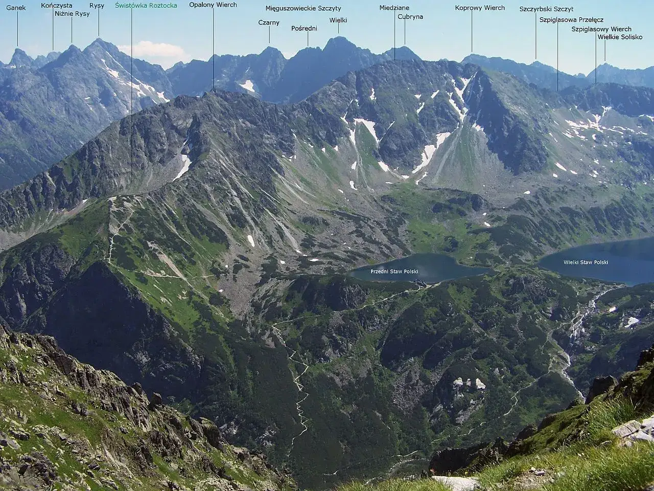 Tatry z lotu ptaka: czy Gerlach jest wulkanem? Widok na Rysy, Szczyrbski Szczyt i stawy.