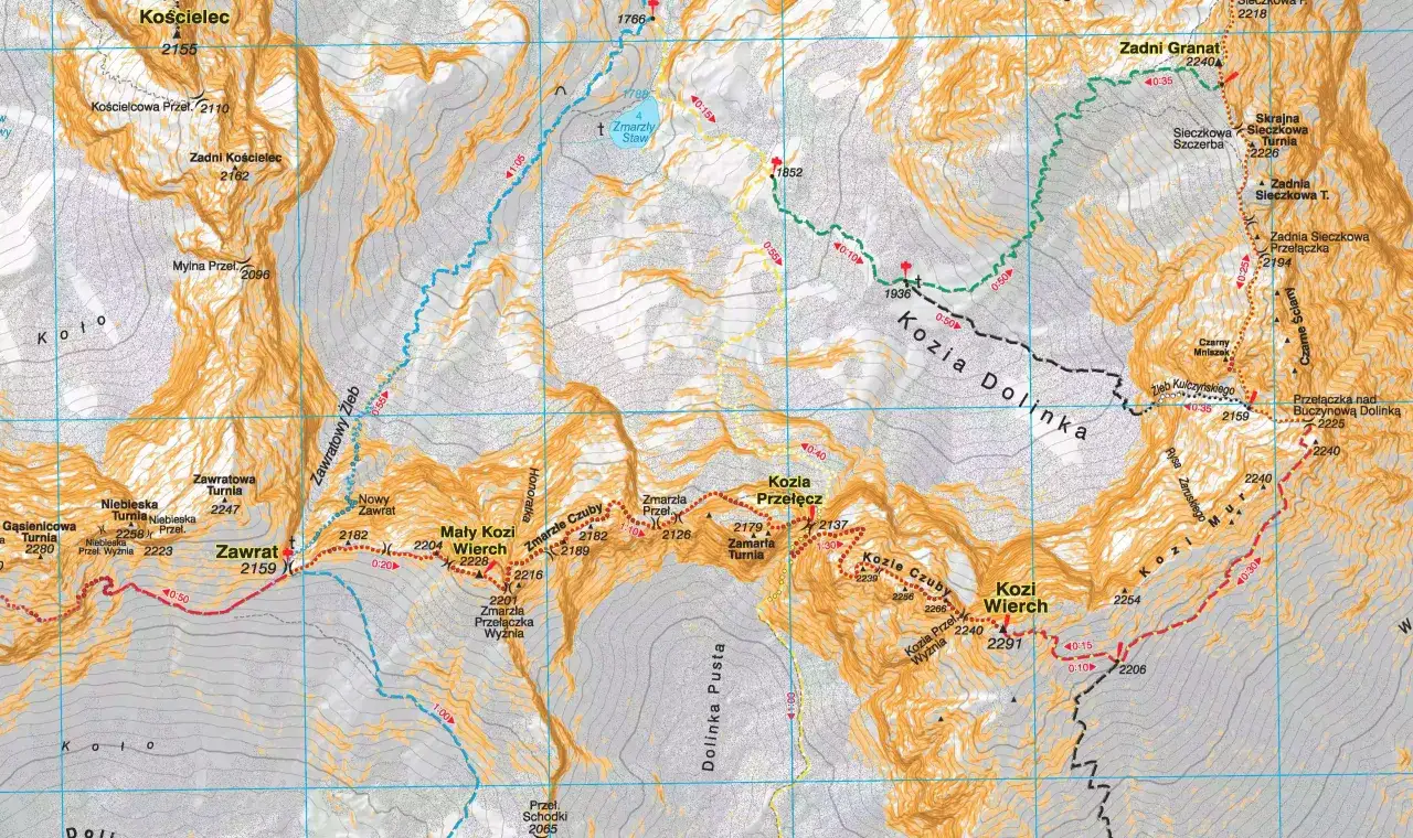 Mapa Tatr z zaznaczonymi szlakami turystycznymi, w tym szlakiem na Kozi Wierch i Zadni Granat.