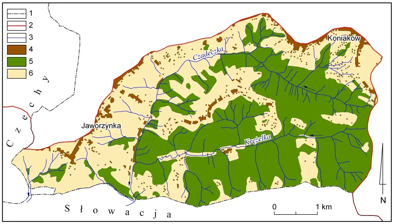 Mapa przedstawia zlewisko Morza Czarnego z zaznaczonymi lasami (zielony), osiedlami (brązowy) i ciekami wodnymi.