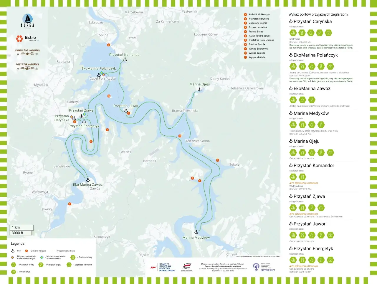 Mapa Bieszczad z zaznaczonymi portami żeglarskimi, trasami i ciekawymi miejscami.