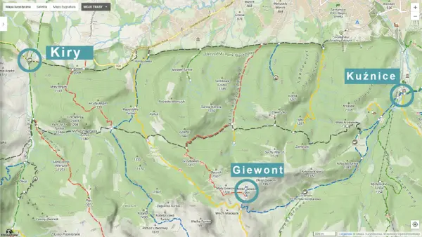 Mapa Tatr z zaznaczonymi szlakami. Od Kir do Giewontu jest ok. 10 km.